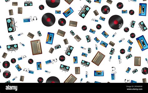 Seamless Pattern Of Retro Old Hipster Music Audio Cassette Players And