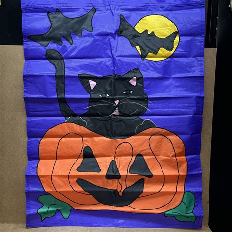 Vintage Halloween Flag Banner Pumpkin Jack O Lantern Black Cat Bat