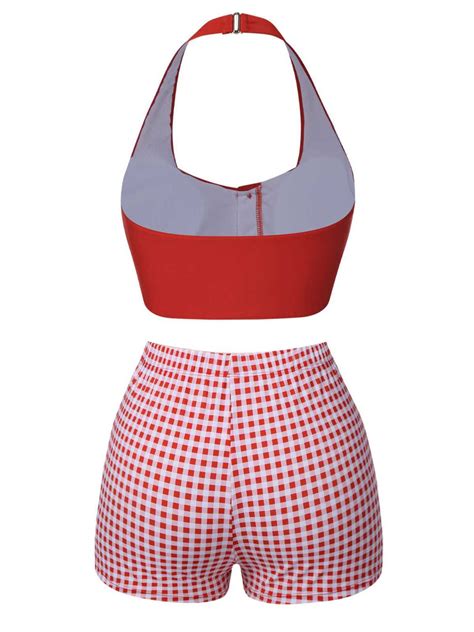 Red 1950s Halter Plaids Swimsuit Retro Stage