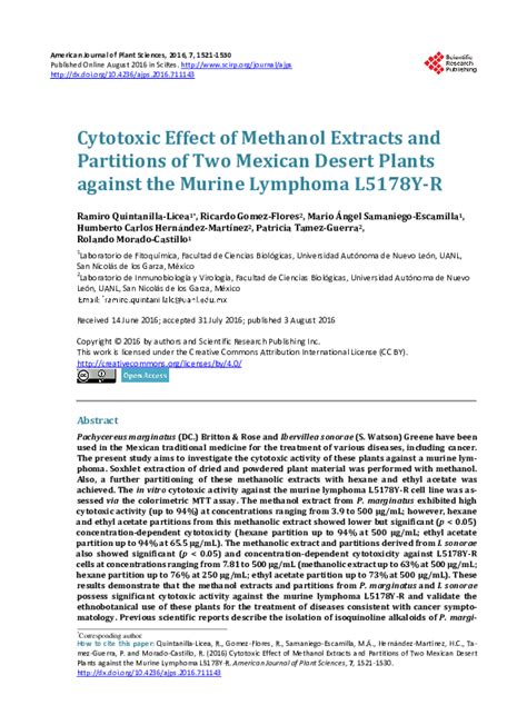 Pdf Cytotoxic Effect Of Methanol Extracts And Partitions Of Two