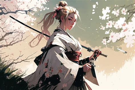 Beautiful Samurai Woman With Sword And Beautiful Spring Pink Flowers ...