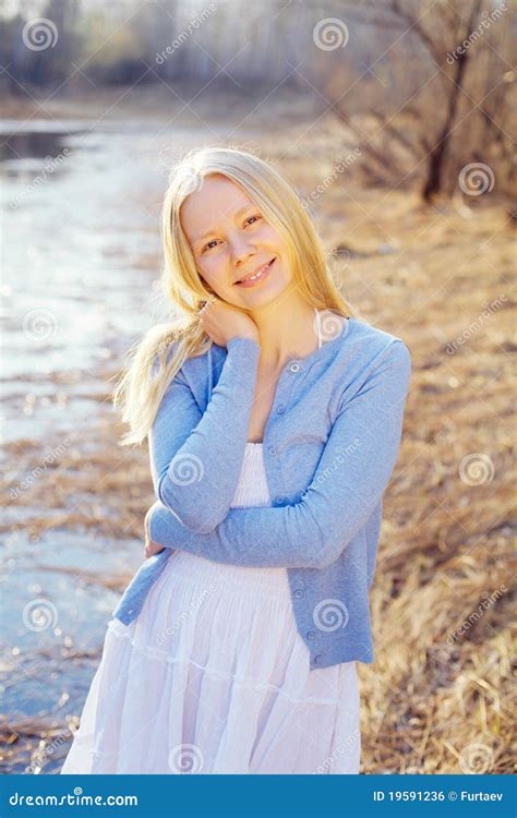 Smiling Blonde Girl Outdoor In Forest Near River Stock Photo Image Of Girl Park