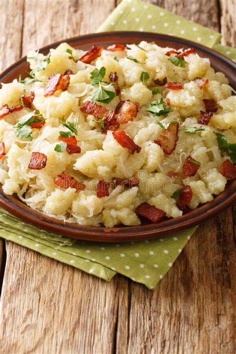 Tasty Slovak Potato Dumplings Halusky With Steamed Sauerkraut Closeup