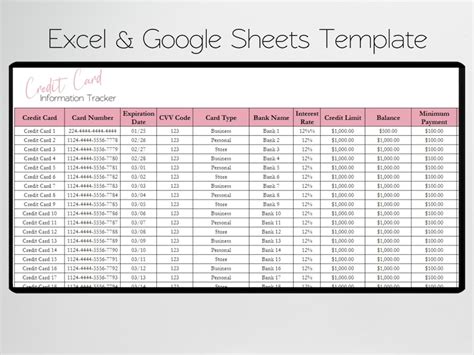 Credit Card Information Excel Spreadsheet Credit Card Log - Etsy