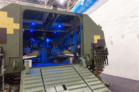 Seats for soldiers inside an armored military vehicle. Stock Photo ...