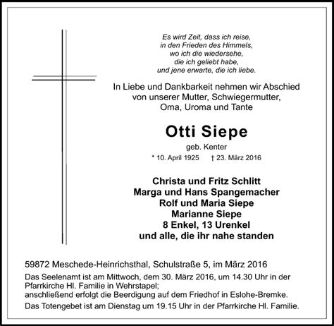 Traueranzeigen Von Otti Siepe Trauer In Nrw De