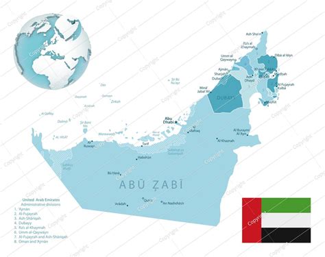 خريطة إدارية لدولة الإمارات العربية المتحدة باللون الأزرق والأخضر مع