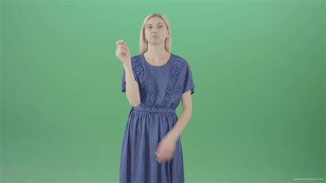 Boring Blonde Girl In Blue Costume Can Not Find Virtual Products On Touch Screen Isolated On