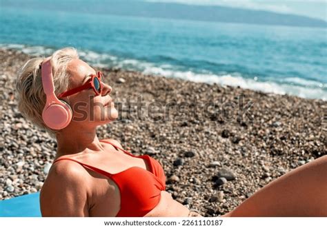 Blond Sexy Woman Red Bikini Listening Stock Photo Shutterstock