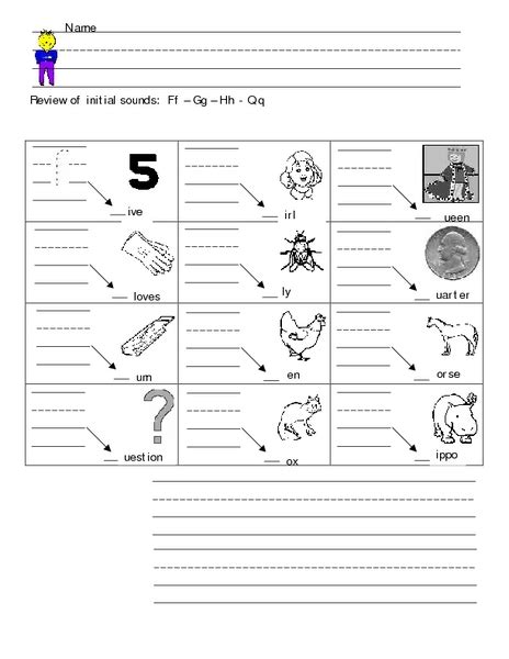 Review Of Initial Sounds F G H Q Worksheet For Kindergarten 2nd Grade Lesson Planet