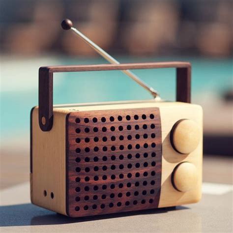 An Old Fashioned Radio Sitting On Top Of A Table Next To A Swimming