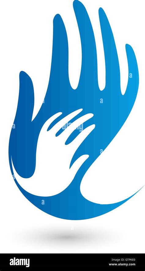 Isolated blue and white vector hands logo. Mothercare sign. Orphanage ...