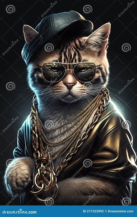 Cat Gangsta Rapper In Sunglasses And Gold Chains Thug Life Concept