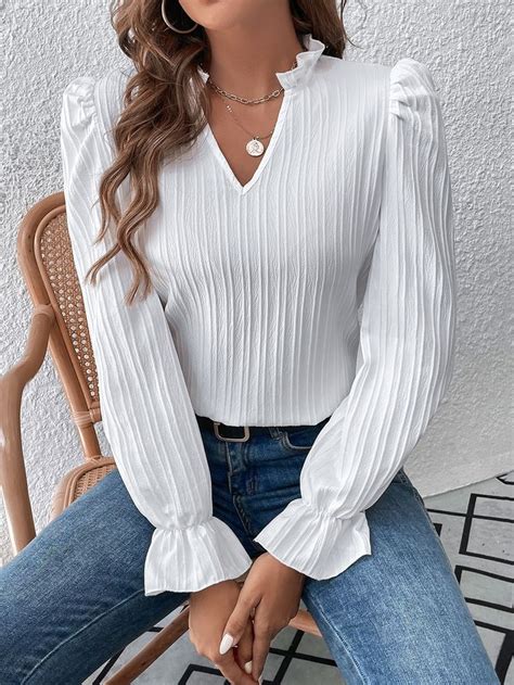 Notched Neckline Flounce Sleeve Blouse Blusas Femininas Camisas Femininas Da Moda Moda