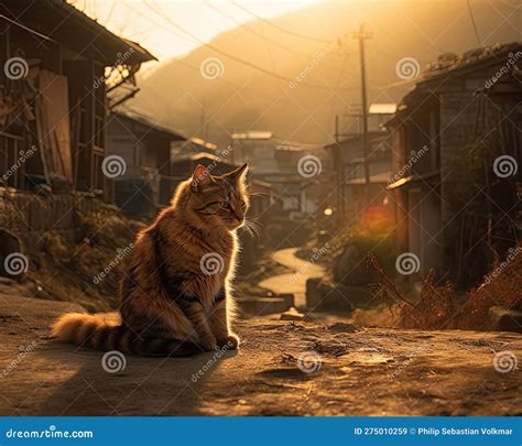 Lazy Cat Wandering In Village At Sunset Stock Illustration