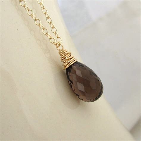 Smoky Quartz Necklace Gold Necklace Brown Gray Wire Wrapped