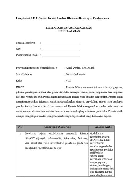 Lampiran 4 Lk 3 Contoh Format Lembar Observasi Rancangan Pembelajaran