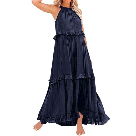 Beshee Summer Dresses For Women 2024 Women Summer Boho Long Solid Color Loose Sleeveless Neck