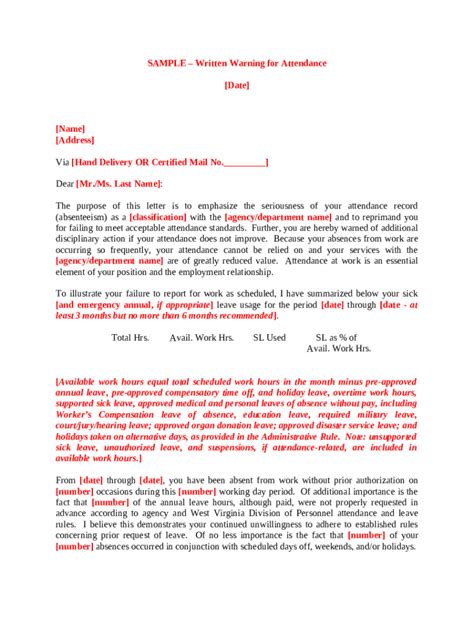 Written Warning Template Shrm Personnel Wv Doc Template Pdffiller