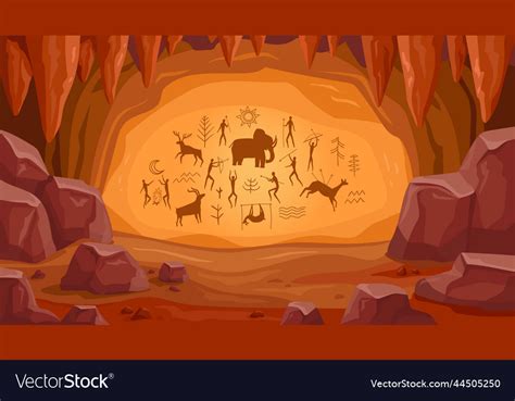 Prehistoric cave with paintings old drawings Vector Image