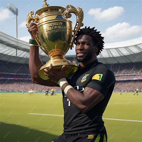 Premium Photo | Siya Kolisi holding up the rugby World Cup in a rugby ...