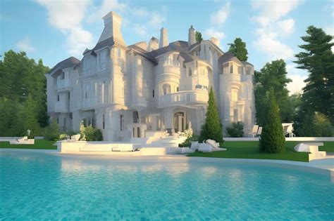 Premium AI Image | A large white mansion with a pool in front of it.