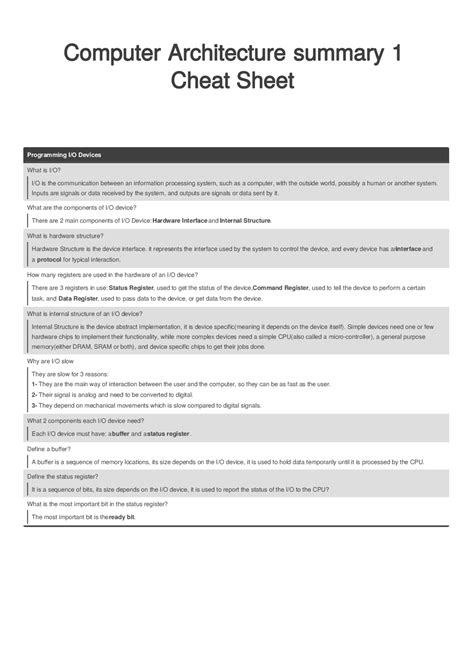 Computer Architecture Cheat Sheet Docsity