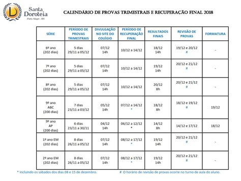 Calend Rio De Avalia Es Finais Col Gio Santa Doroteia De Porto Alegre