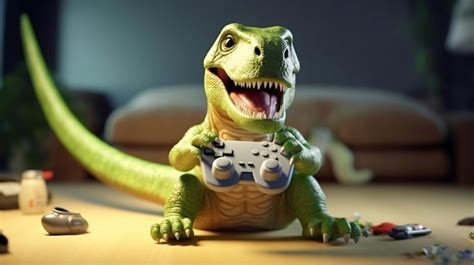 Premium AI Image | A dinosaur plays a video game with a controller