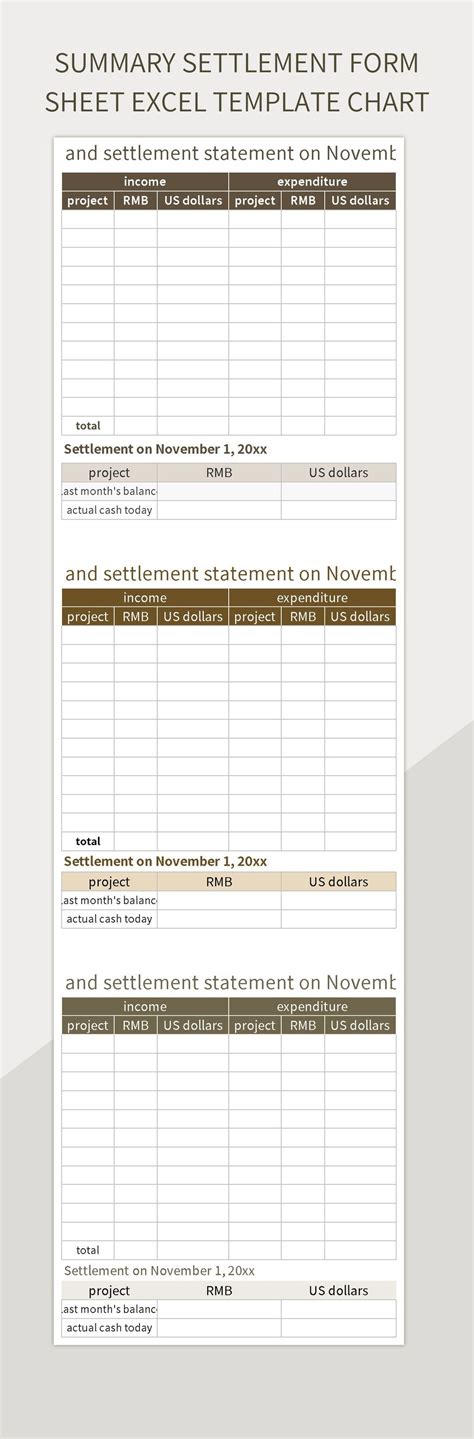 Summary Settlement Form Sheet Excel Template Chart Excel Template And