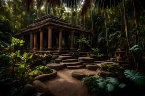 Premium AI Image | A temple in the jungle with a temple in the background.