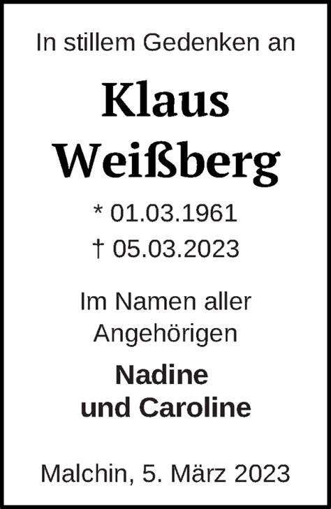 Traueranzeigen Von Klaus Wei Berg Trauer Nordkurier