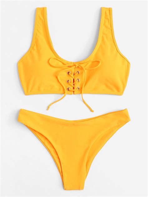 Lace Up Plain Bikini Set SheIn Sheinside Swimsuits Bikinis Plain