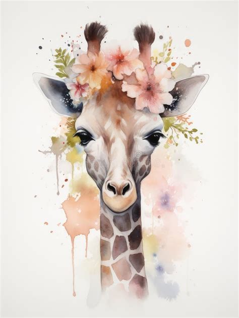 Watercolor Illustration Painting Of A Giraffe In Pastel Colors That