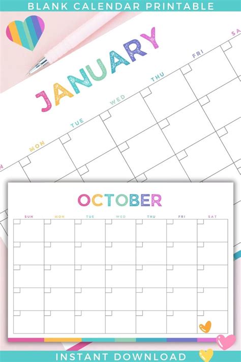 Colorful Calendar Printable Blank Monthly A Planner Insert Etsy