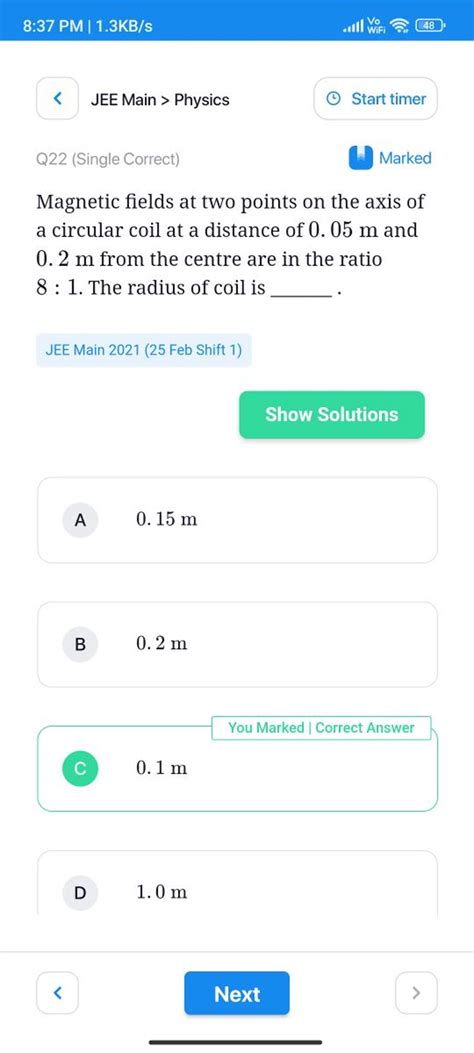 Physics Start Timer Q Single Correct Marked Magnetic Fie