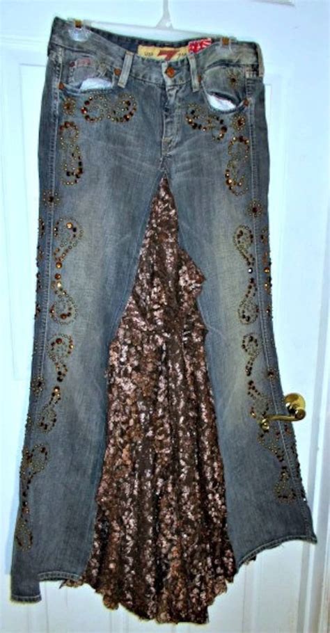 Copper Lace Jean Skirt Bronze Metallic Ruffle Cascade Rhinestones