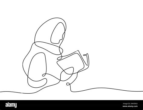 Continuous One Line Drawing Of Muslim Woman Reading Book Minimalism