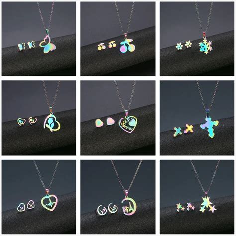 New-Stainless-Steel-Necklaces-Earrings-Set-Light-Luxury-Heart-Pendant ...
