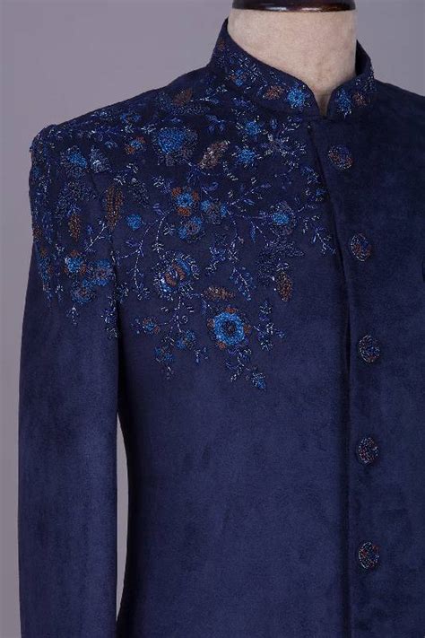 Dark Midnight Blue Cutdana Embroidered Suede Indowestern Sherwani