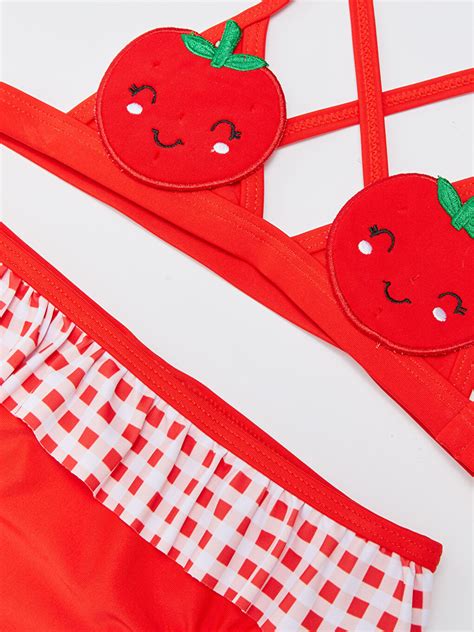 LCW baby Kırmızı Esnek Kumaştan Baskılı Kız Bebek Bikini Takımı 2 li