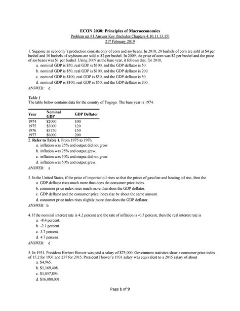 Problem Set Answers Econ Principles Of Macroeconomics Problem