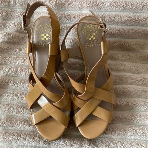 Vince Camuto Hattie Patent Leather Wedge Sandal Tan Size Us 8 12 Eur