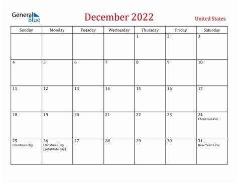 December 2022 United States Monthly Calendar With Holidays