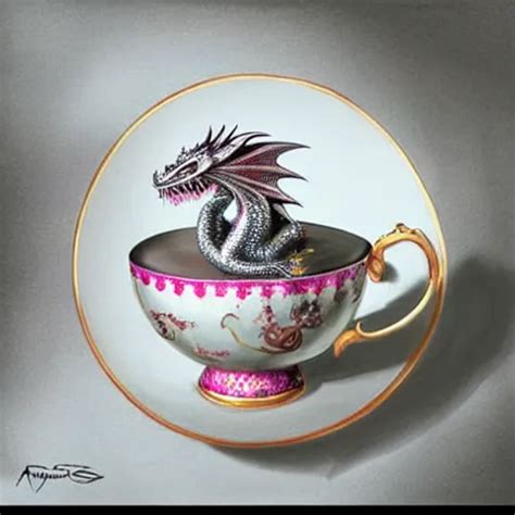 Tiny Jeweled Dragon Sitting In A Teacup Painting By Stable Diffusion