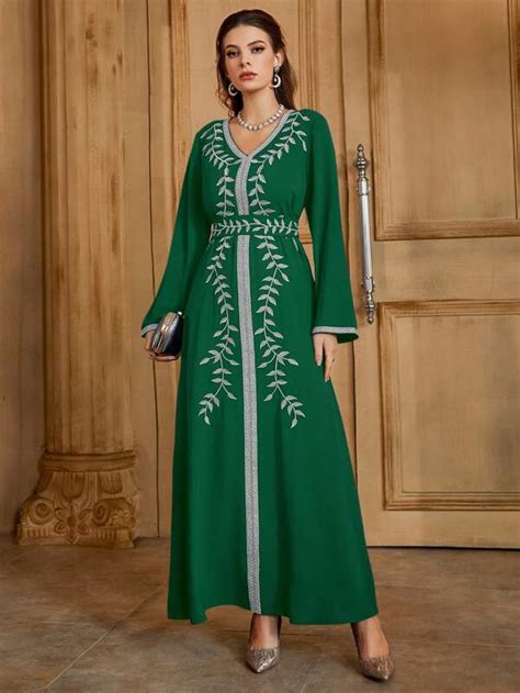 Shein Najma Plants Embroidery Contrast Trimmed Belted Jalabiya Shein Usa