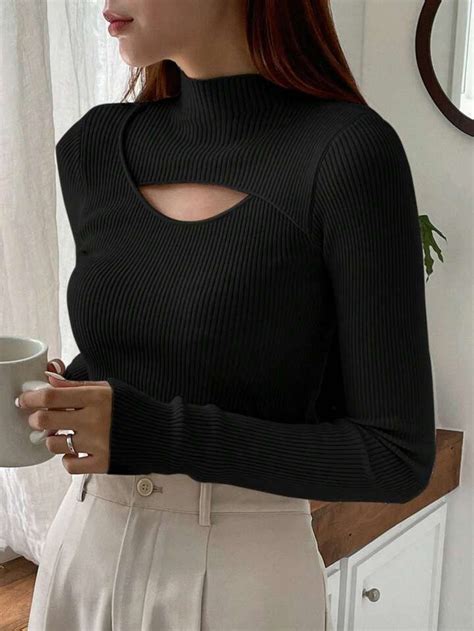 Dazy Kpop Cut Out Mock Neck Ribbed Knit Sweater Clothes For Women