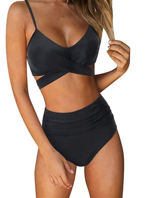 Women Criss Cross High Waisted String Floral Printed Piece Bathing Suits Wrap Bikini Set Push