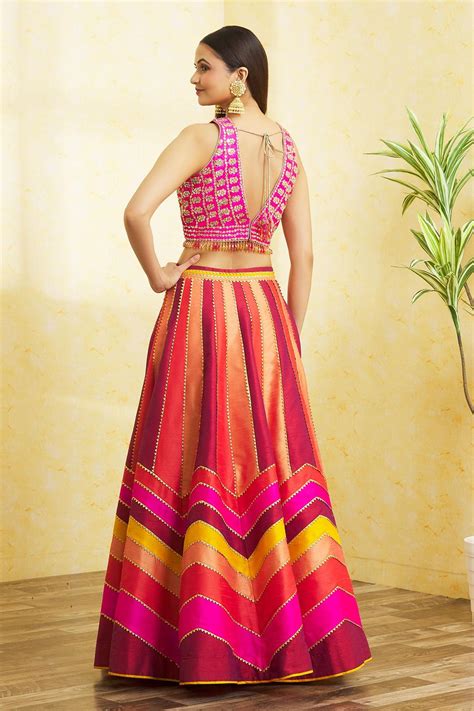 Buy Vandana Sethi Multi Color Dupion Silk Color Block Lehenga Set With