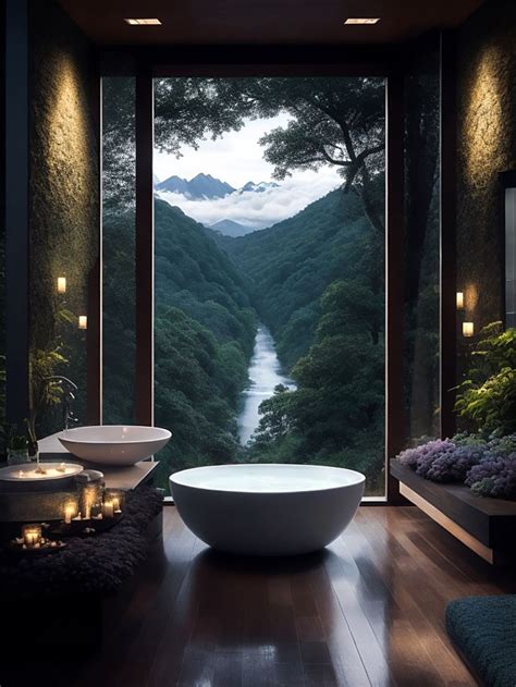 A Large Bath Tub Sitting Next To Two Sinks In Front Of A Window With